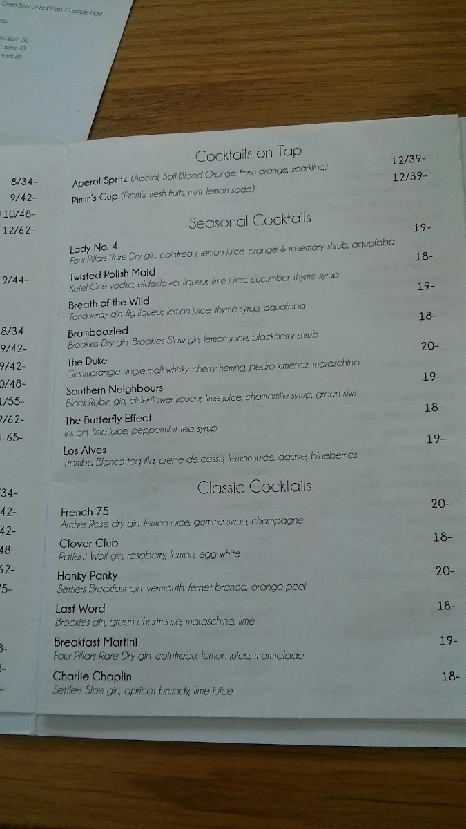 Menu, Covent Garden - Gin Bar & Restaurant