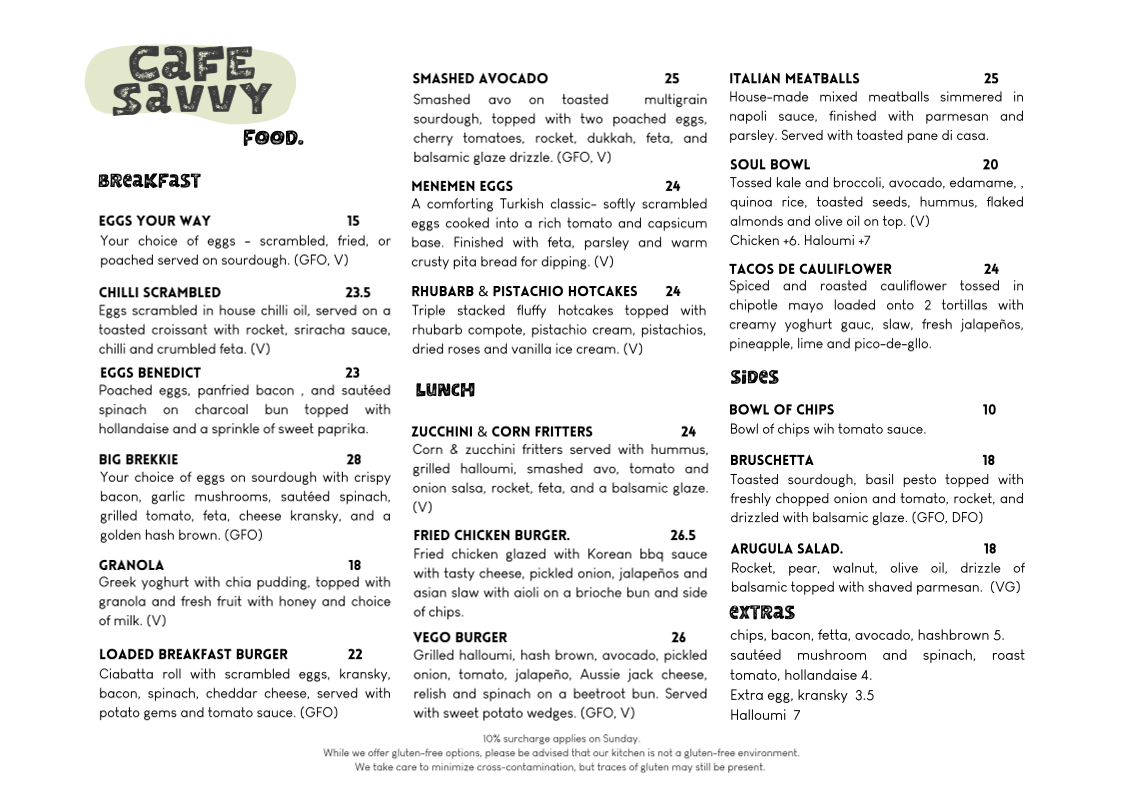 Menu, Cafe Savvy
