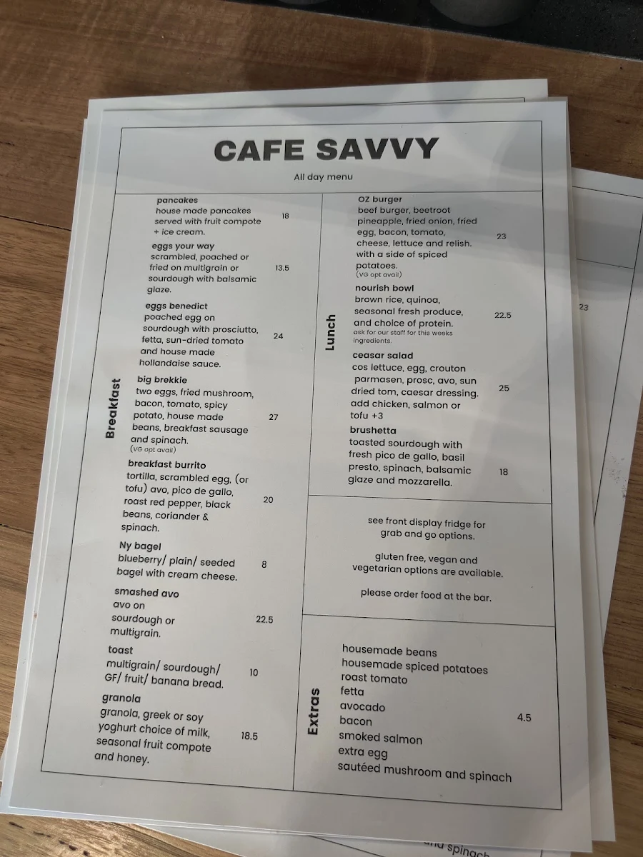 Menu, Cafe Savvy