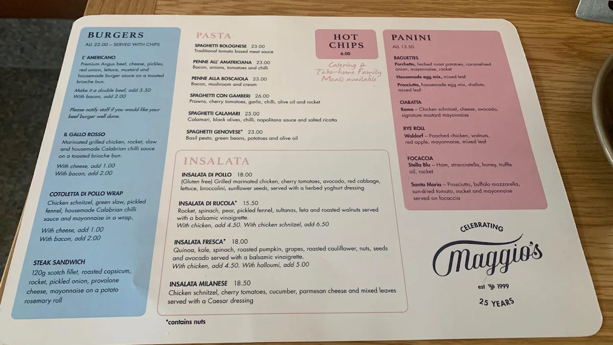 Menu, Maggio's Ryde