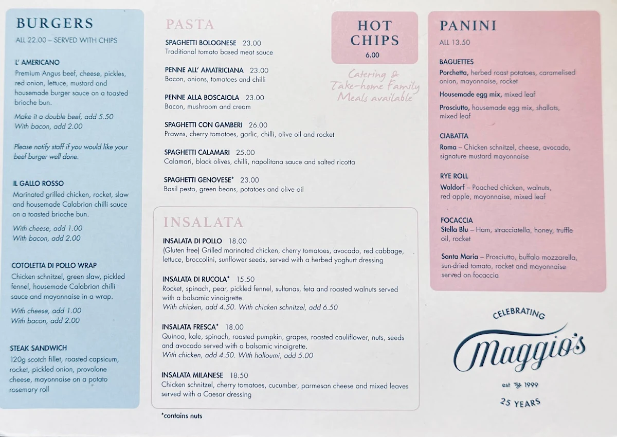 Menu, Maggio's Ryde