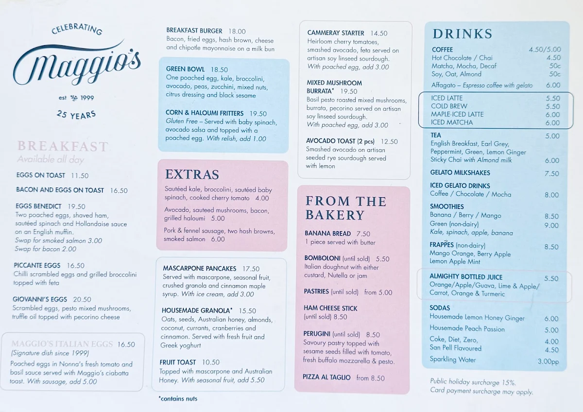 Menu, Maggio's Ryde