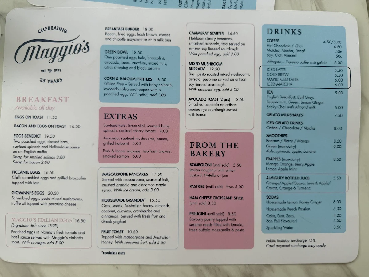 Menu, Maggio's Ryde