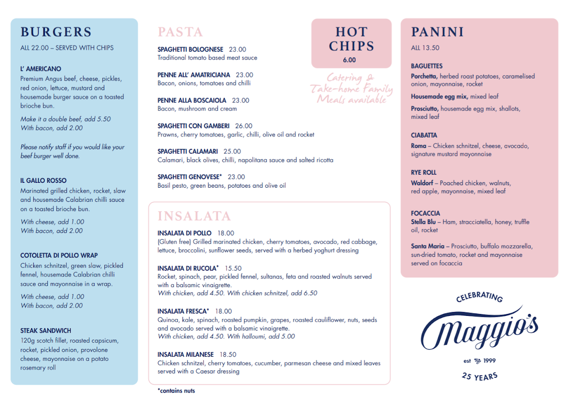 Menu, Maggio's Ryde