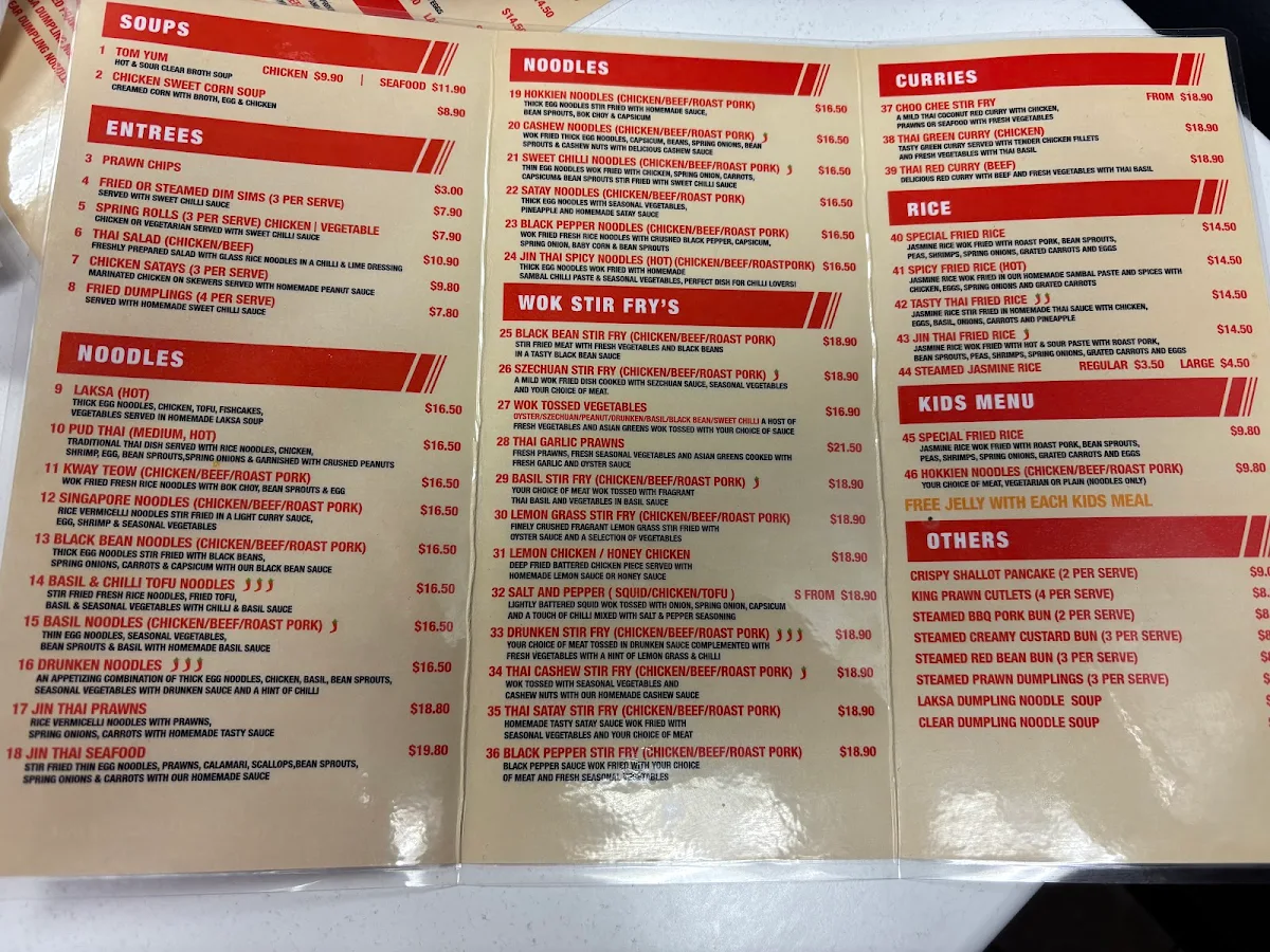 Menu, Jin Thai Noodle Bar