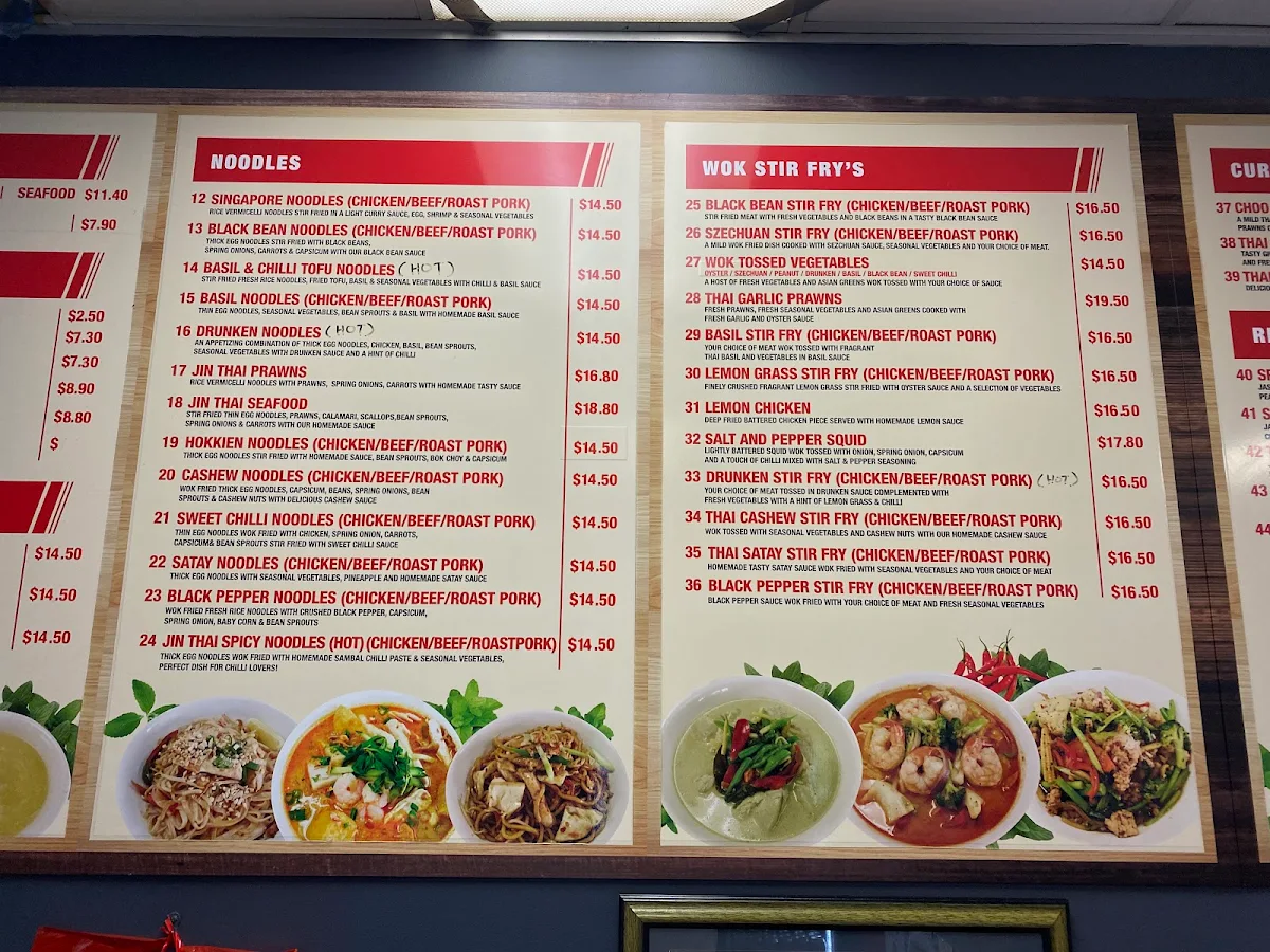 Menu, Jin Thai Noodle Bar