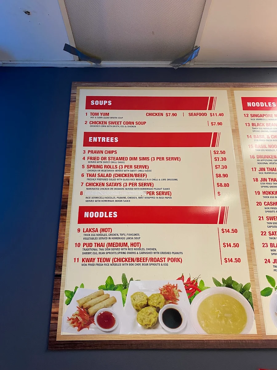 Menu, Jin Thai Noodle Bar