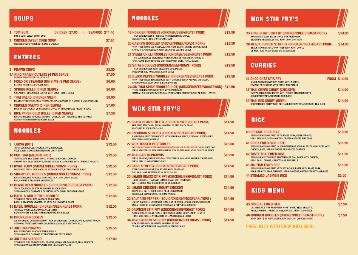 Menu, Jin Thai Noodle Bar