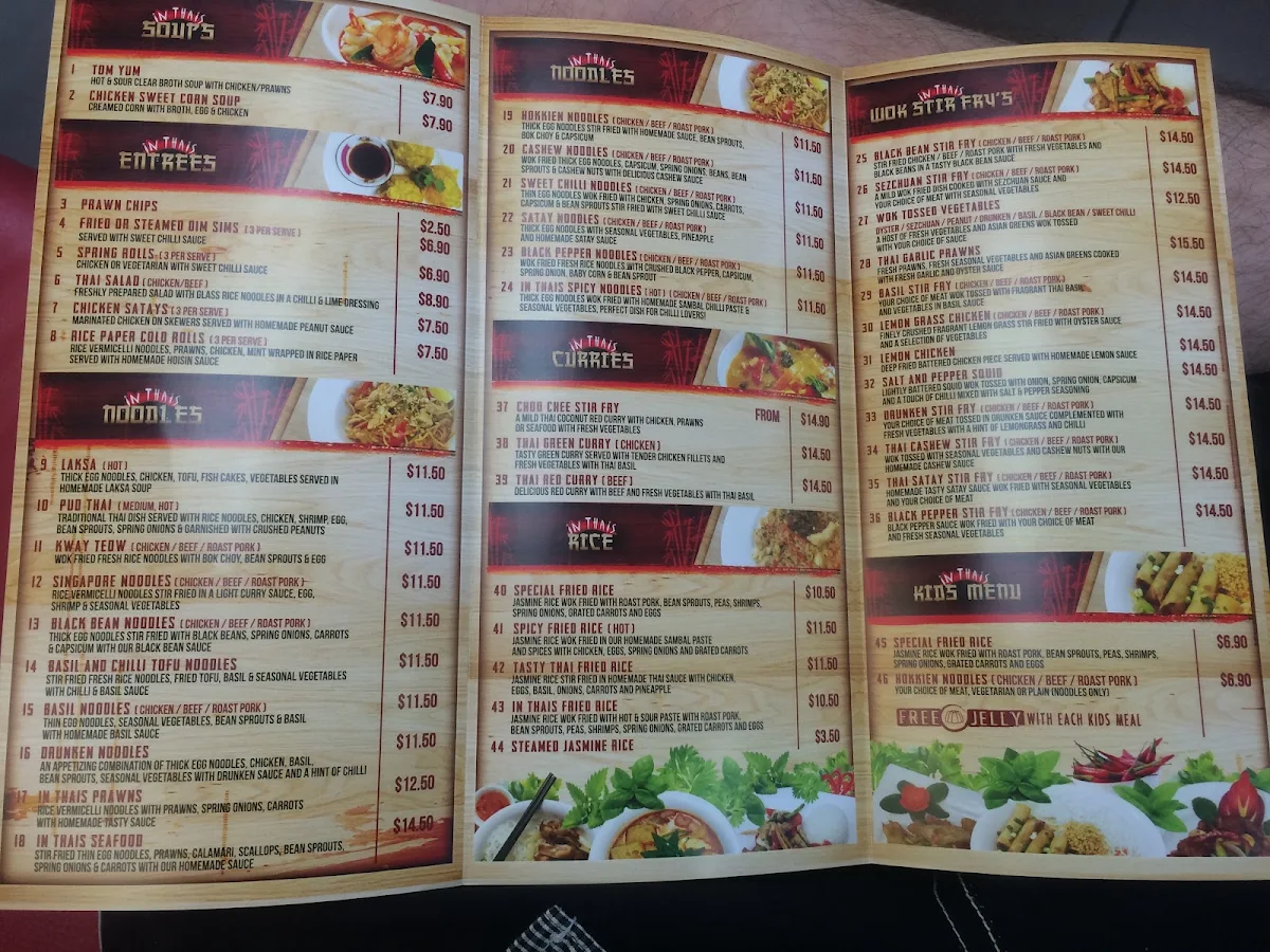 Menu, Jin Thai Noodle Bar