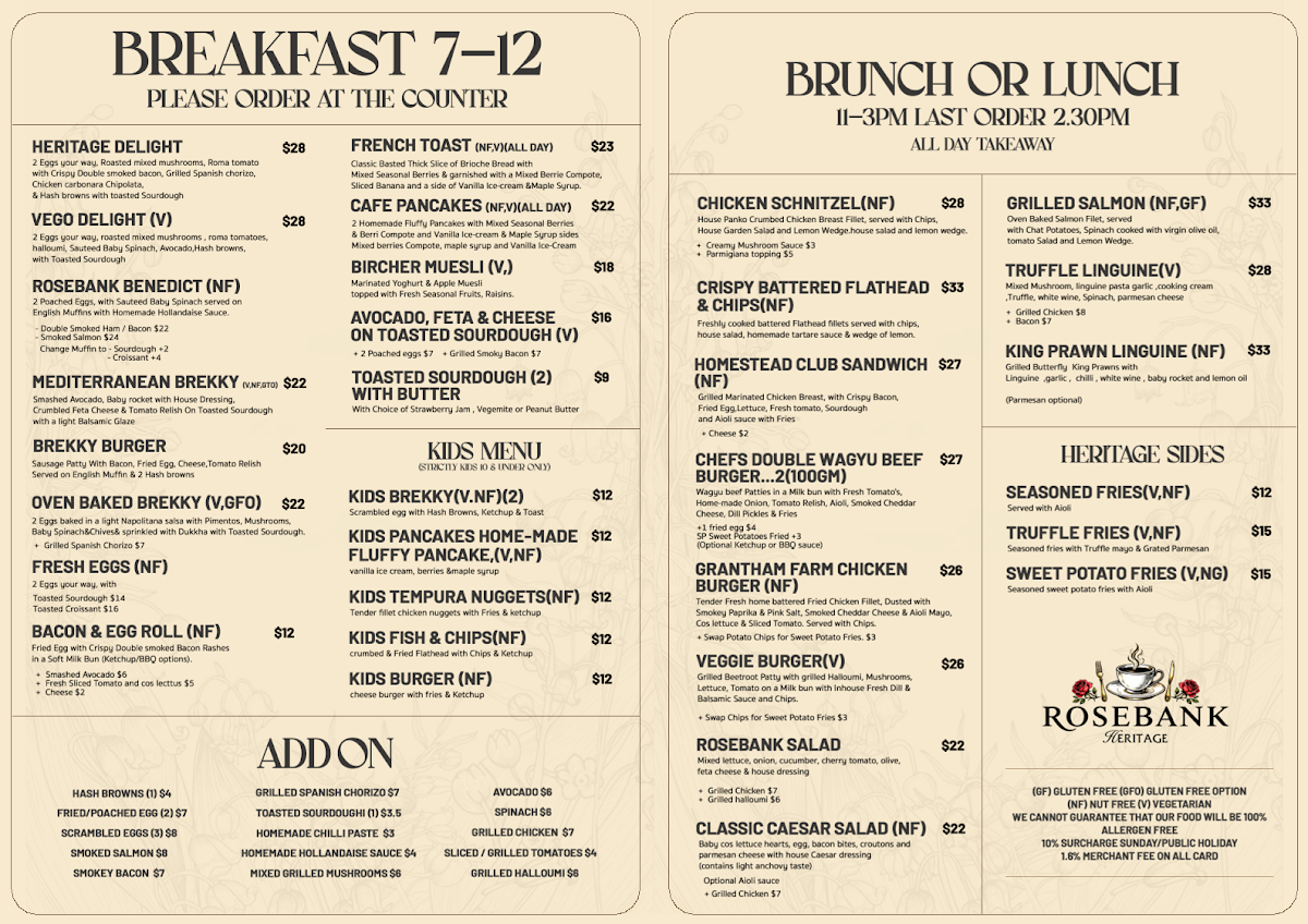 Menu, Rosebank Heritage Cafe