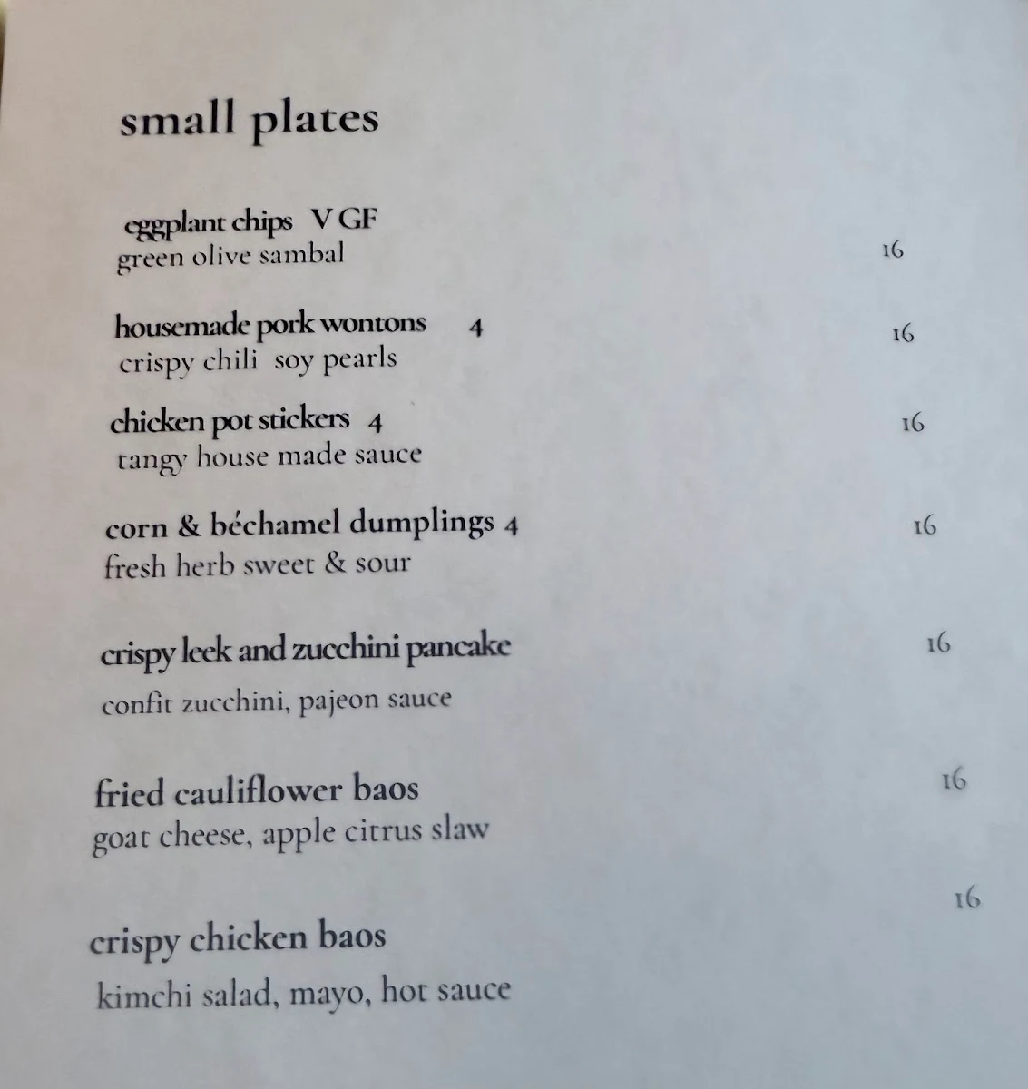 Menu, BAAH LAH! Dining