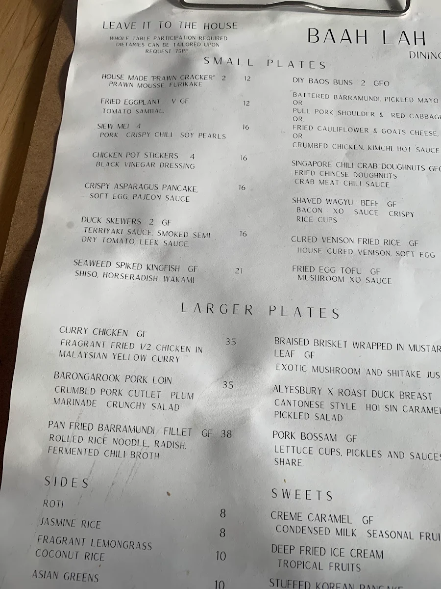 Menu, BAAH LAH! Dining