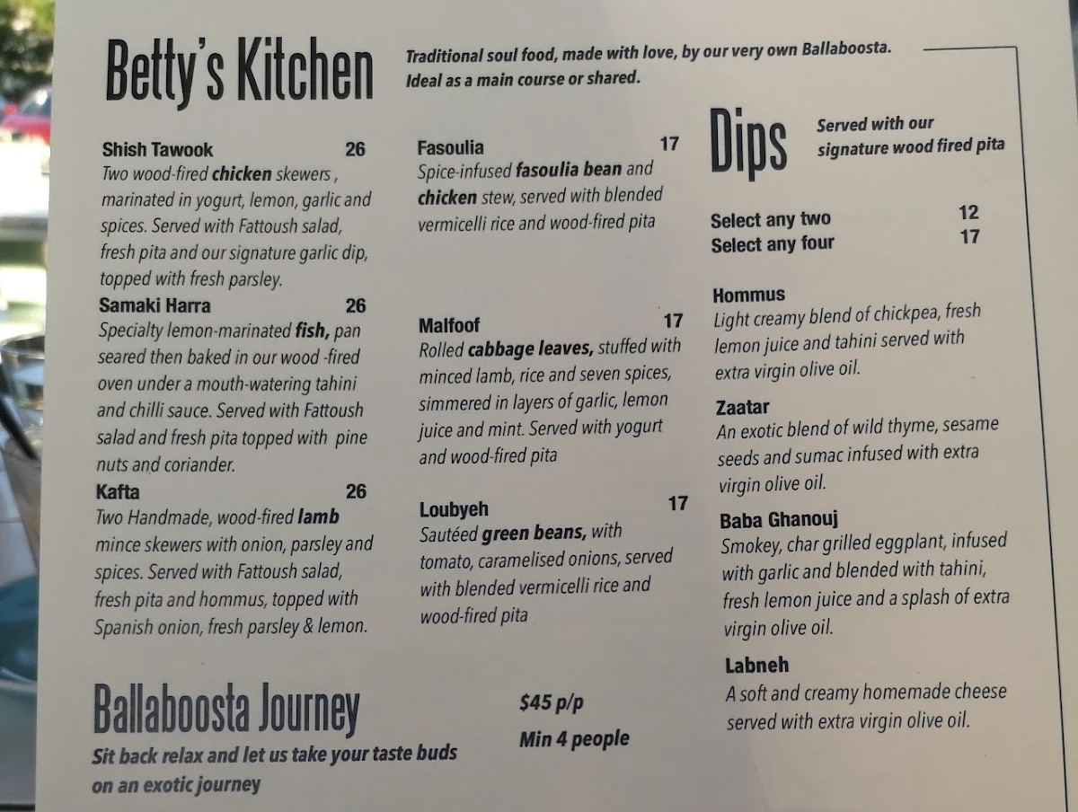Menu, Ballaboosta