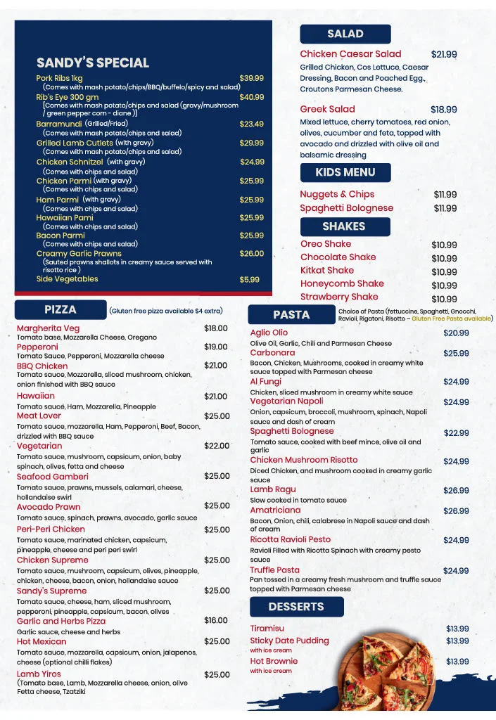 Menu, Sandy's Bar + Grill
