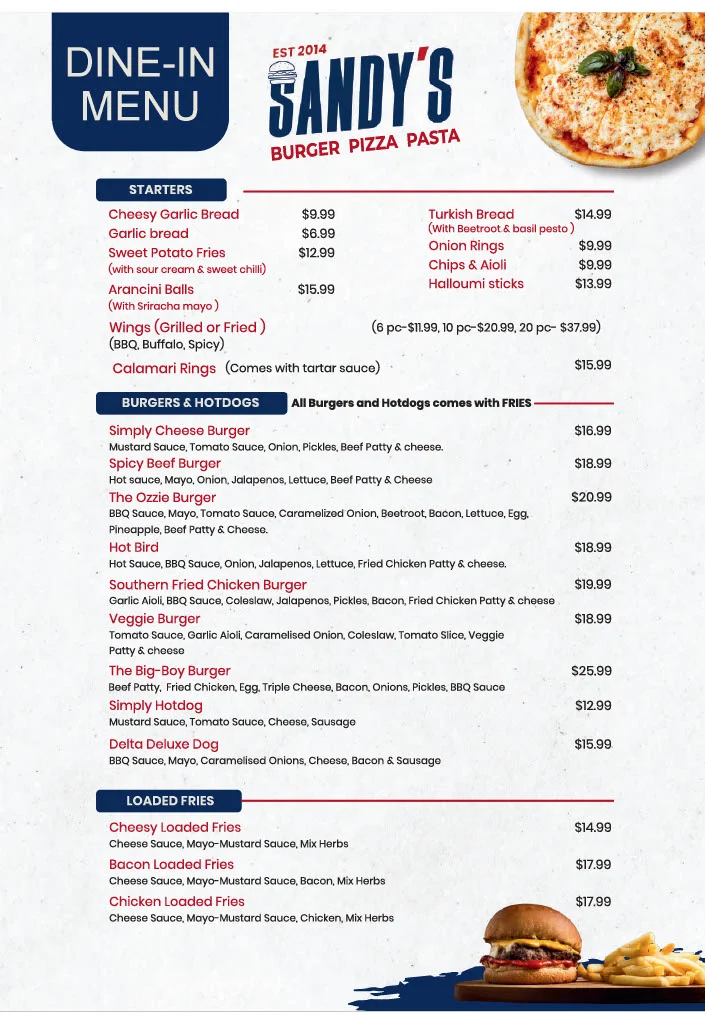 Menu, Sandy's Bar + Grill