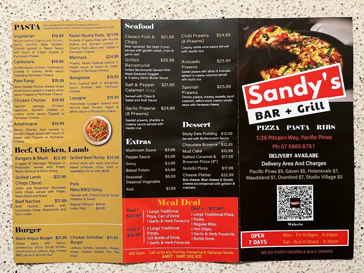 Menu, Sandy's Bar + Grill