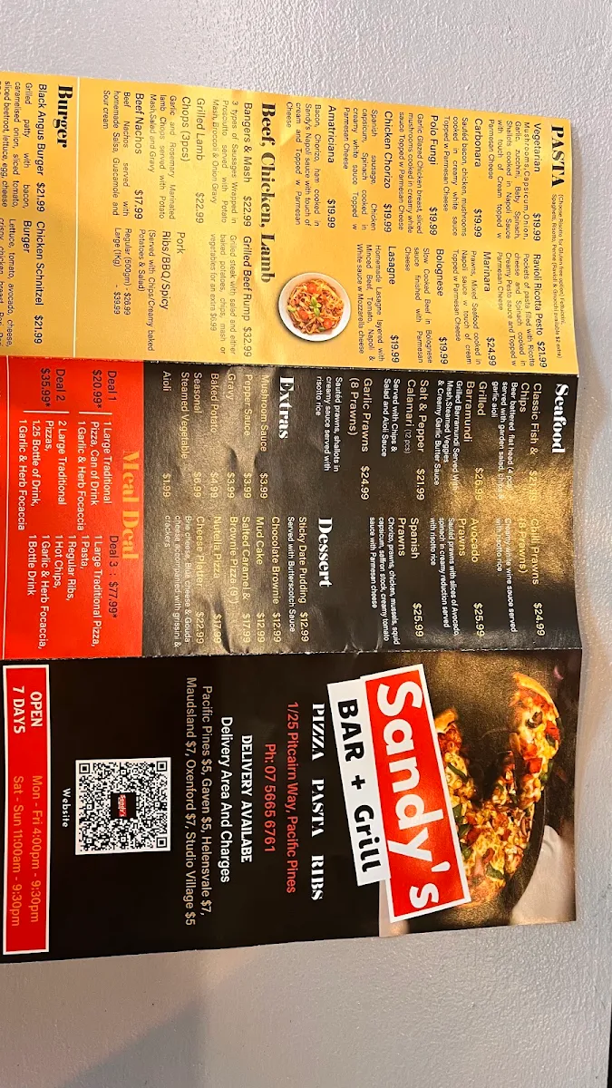 Menu, Sandy's Bar + Grill