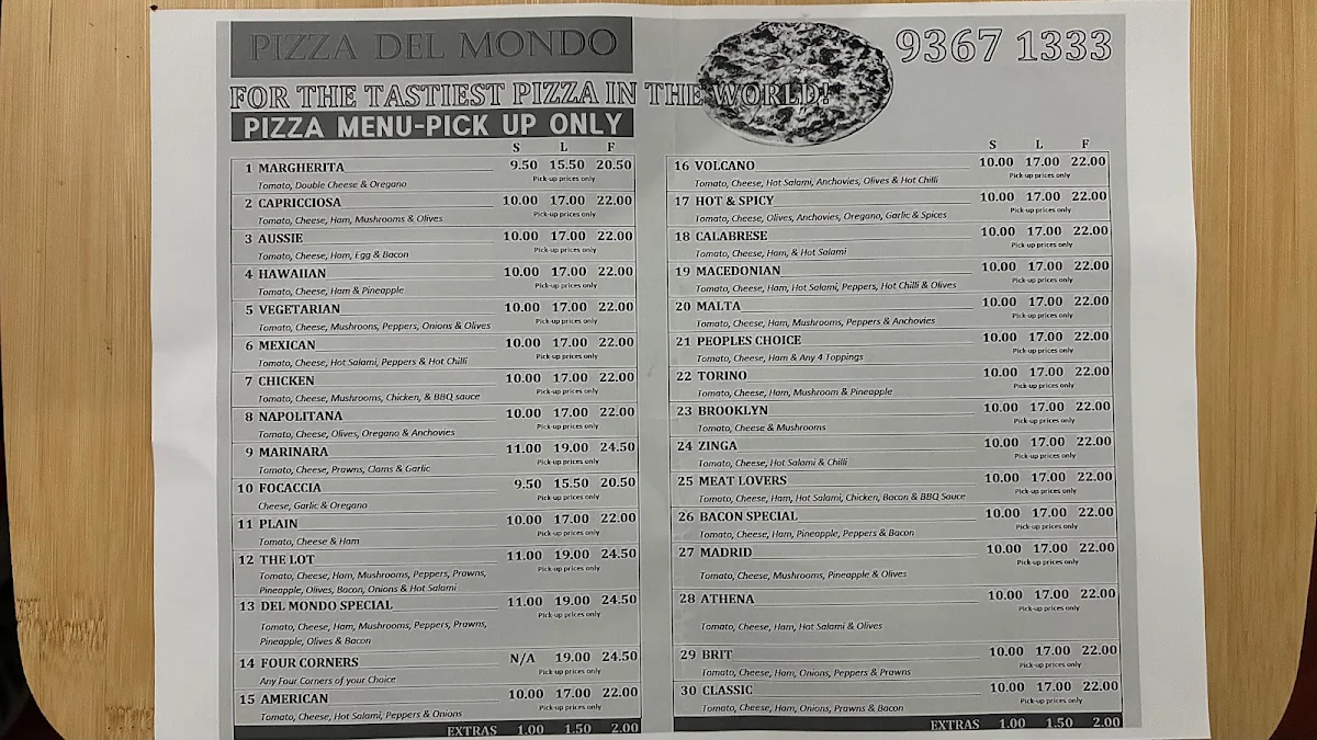 Menu, Pizza Del Mondo Kings Park