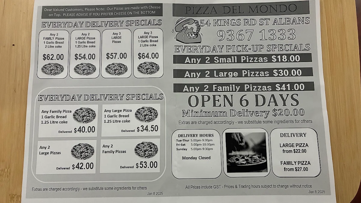 Menu, Pizza Del Mondo Kings Park