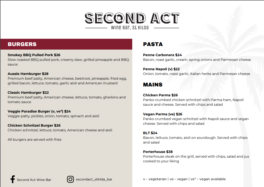 Menu, Second Act Wine Bar