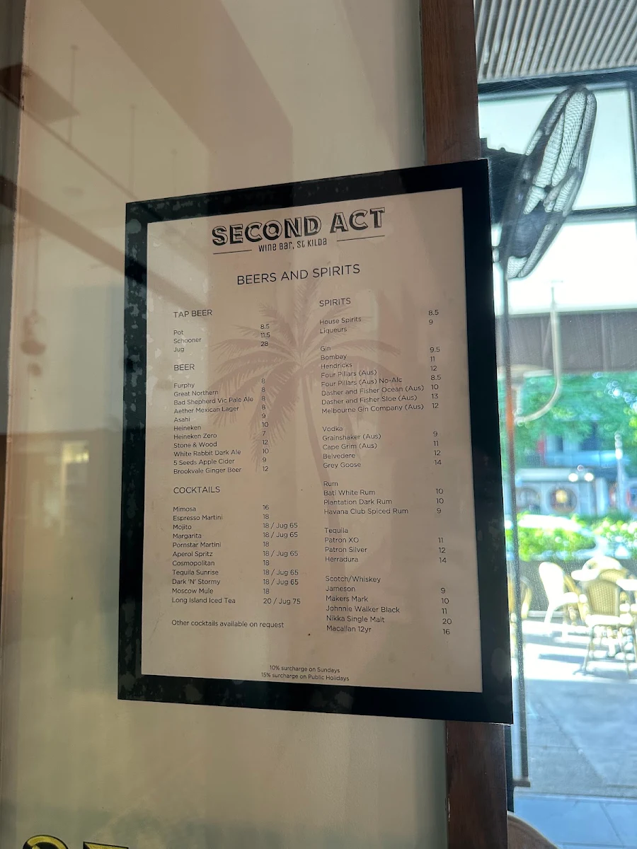 Menu, Second Act Wine Bar