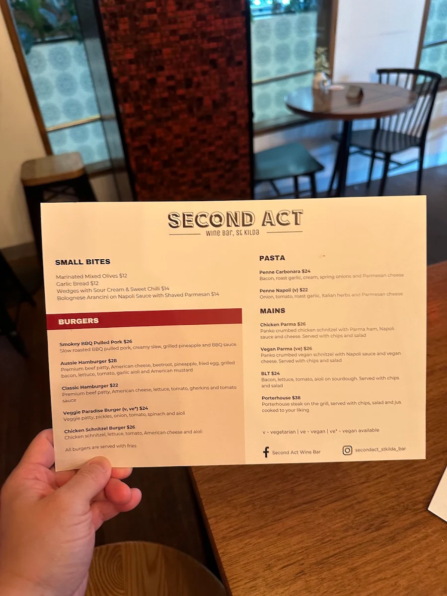 Menu, Second Act Wine Bar