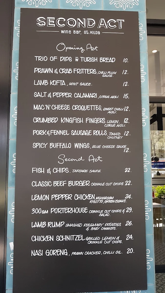 Menu, Second Act Wine Bar