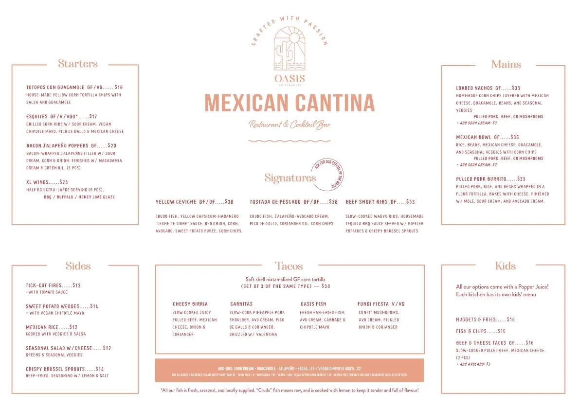 Menu, Oasis on Straddie - Cocktail bar, Traditional Mexican and Wood-fired Pizza