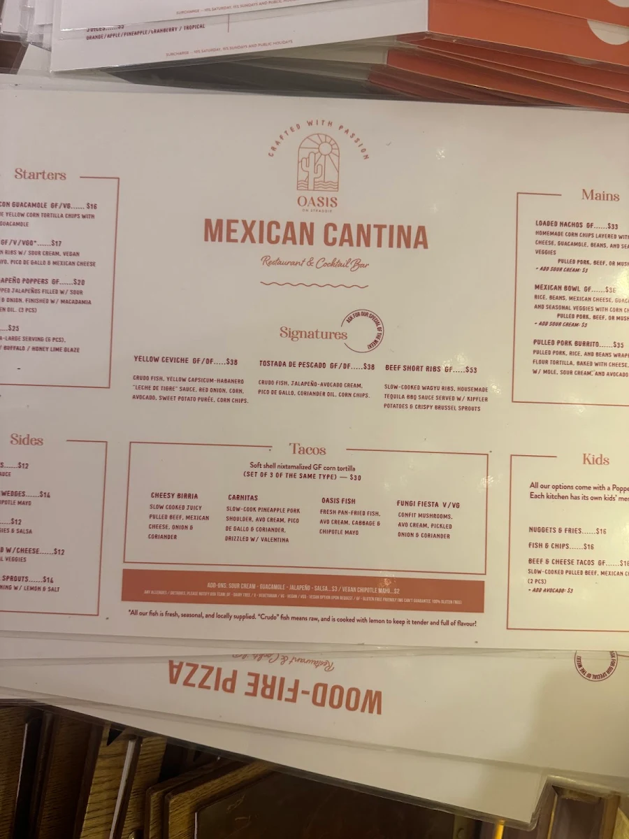 Menu, Oasis on Straddie - Cocktail bar, Traditional Mexican and Wood-fired Pizza