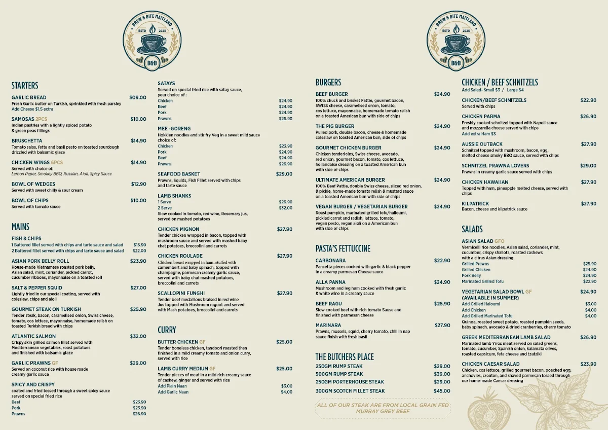 Menu, Brew & Bite cafe Maitland