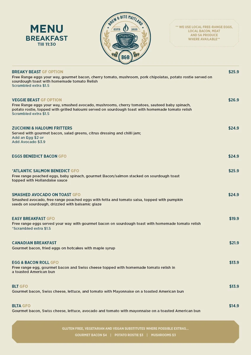 Menu, Brew & Bite cafe Maitland