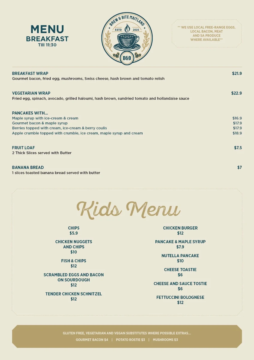 Menu, Brew & Bite cafe Maitland