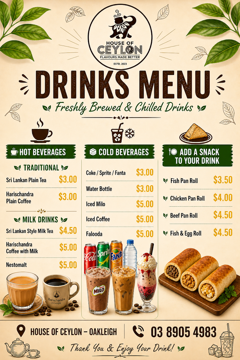 Menu, House of Ceylon