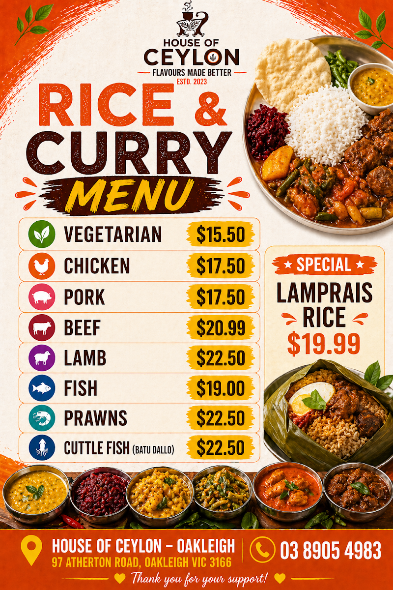 Menu, House of Ceylon
