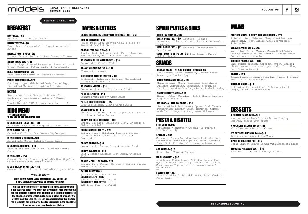 Menu, Middels