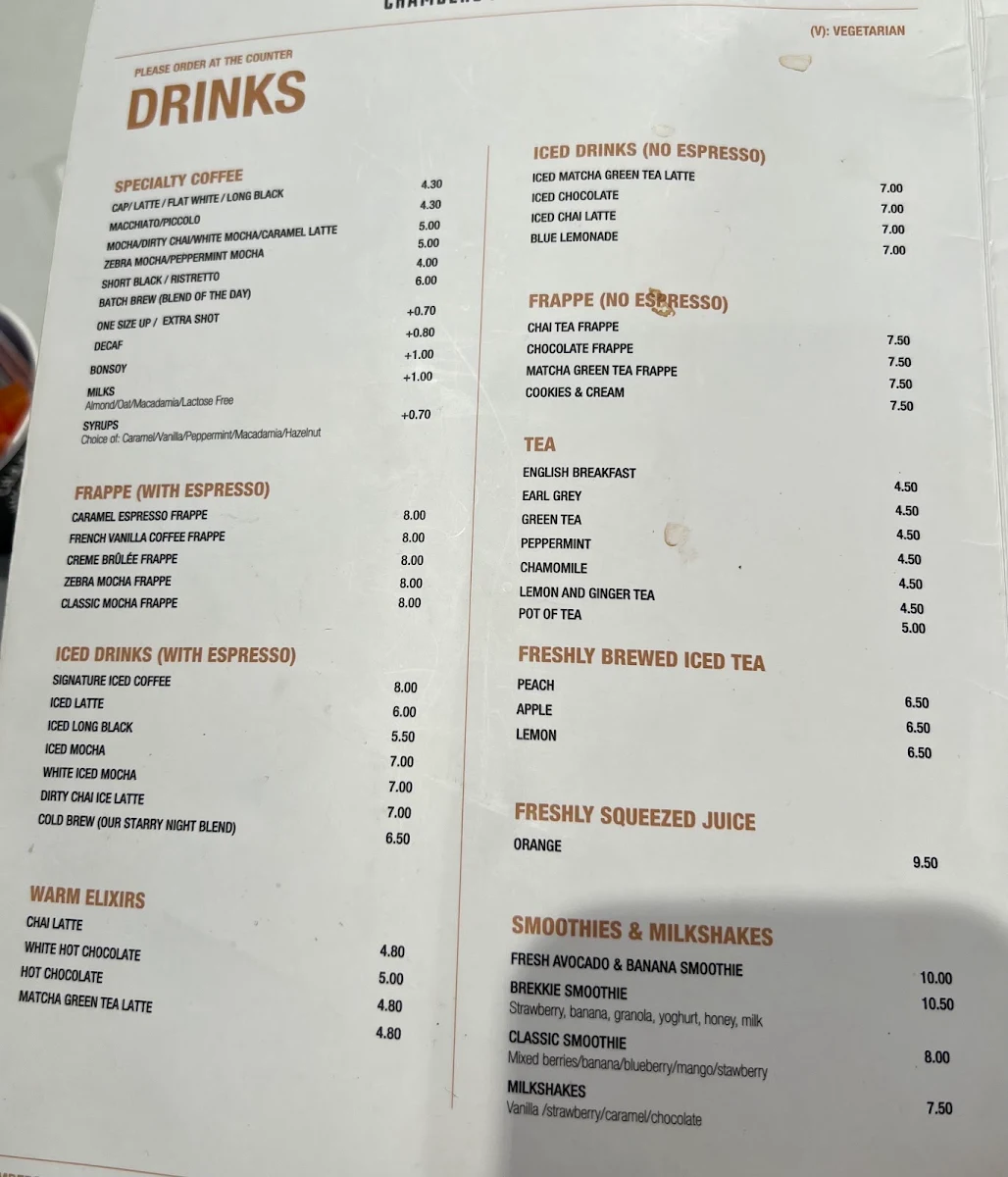 Menu, Chambers Coffee @ Level 3 Westpoint Blacktown