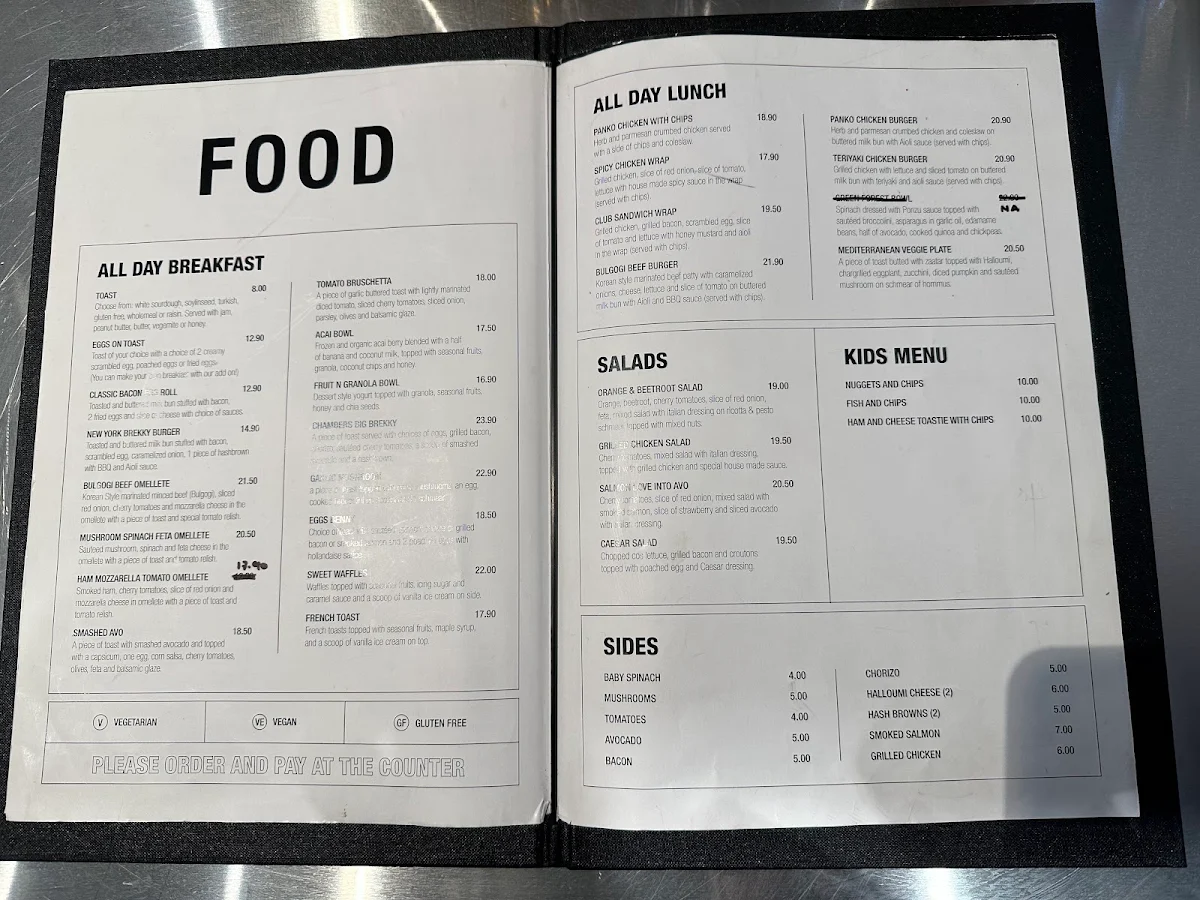 Menu, Chambers Coffee @ Level 3 Westpoint Blacktown