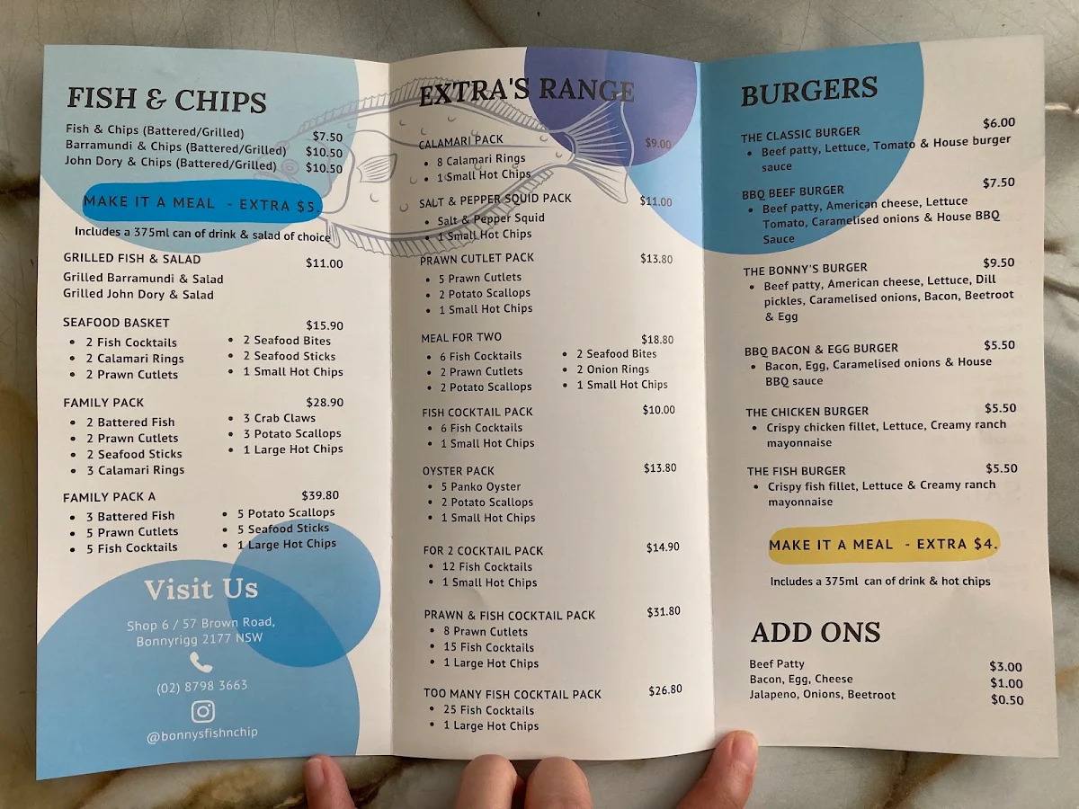 Menu, Bonny's Fish & Chips