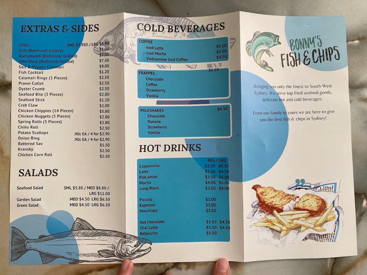 Menu, Bonny's Fish & Chips