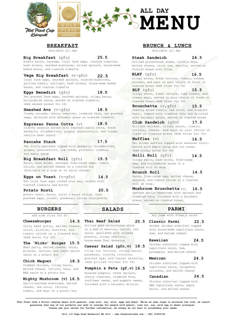 Menu, That Plant Cafe