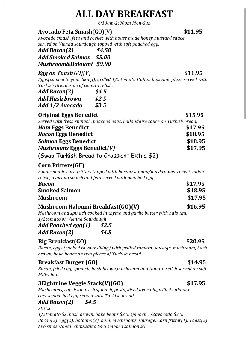 Menu, WoodyPoint Cafe 3Eightnine
