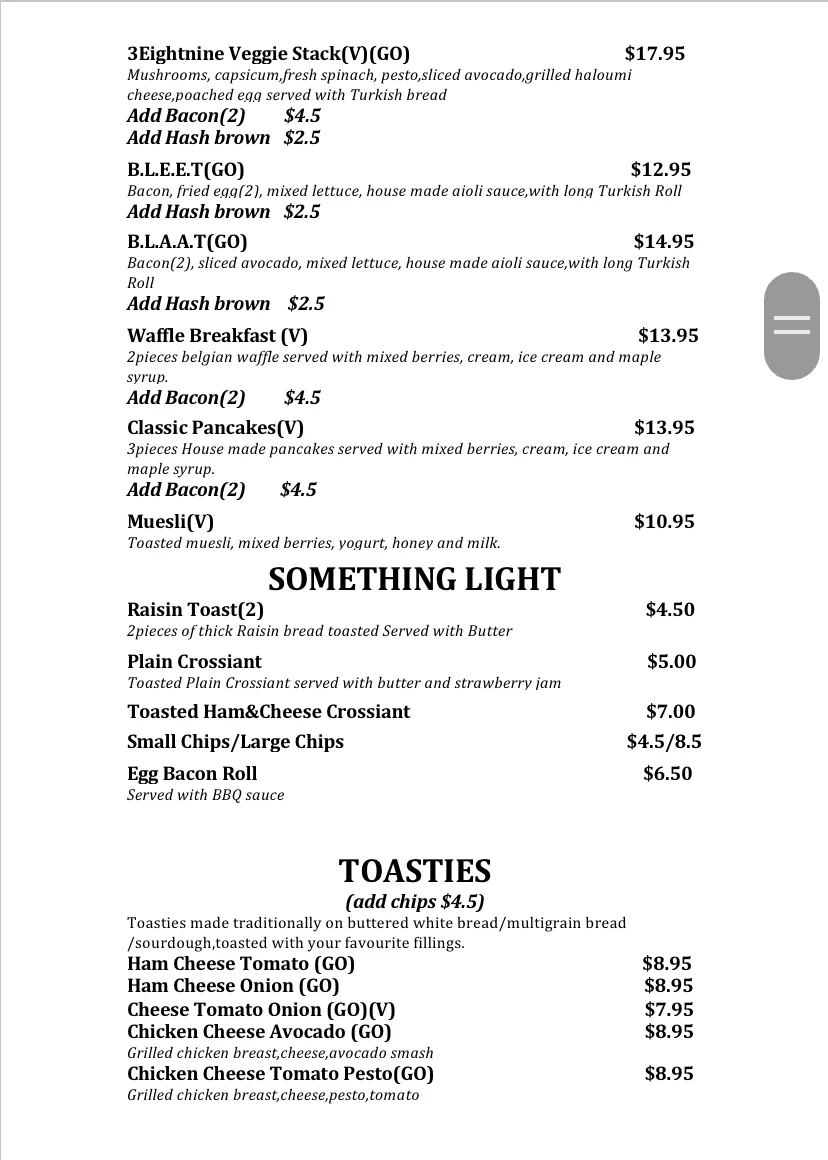 Menu, WoodyPoint Cafe 3Eightnine