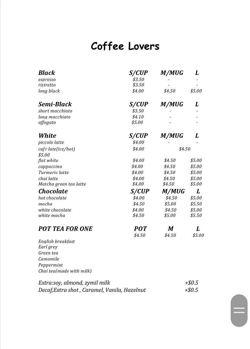 Menu, WoodyPoint Cafe 3Eightnine