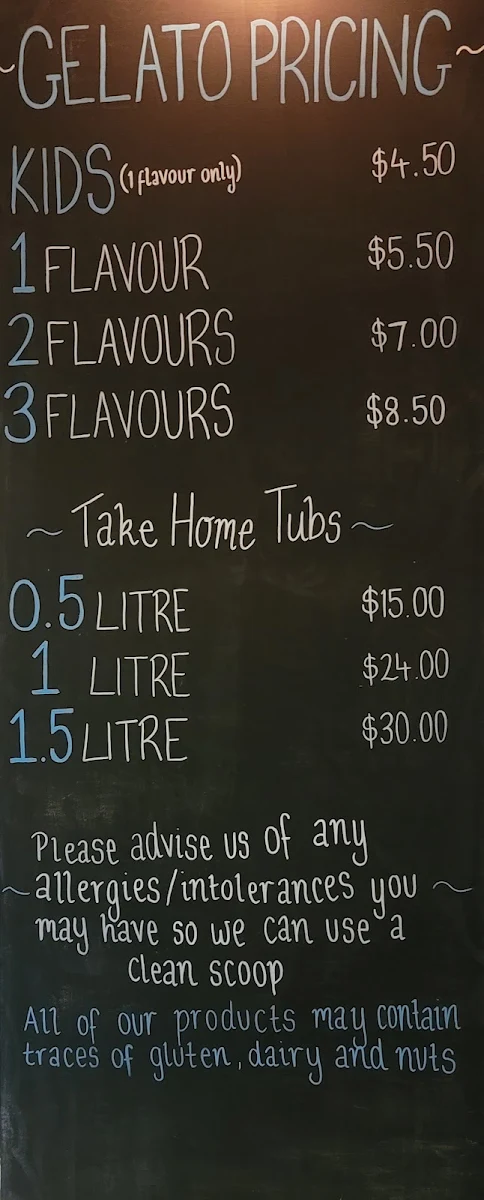 Menu, Dolce House Gelato