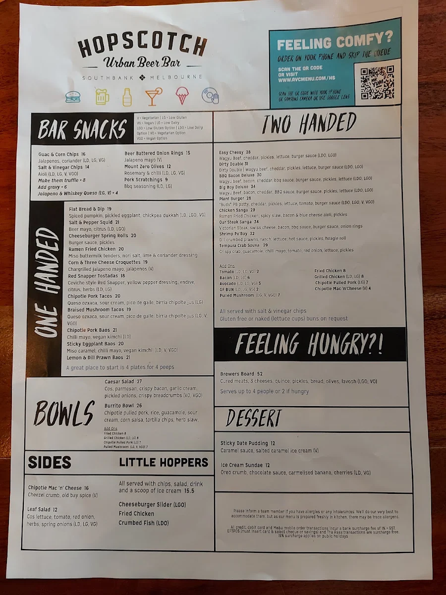 Menu, Hopscotch Melbourne
