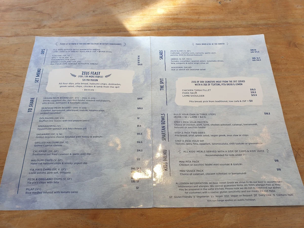 Menu, Zeus Street Greek Canberra City