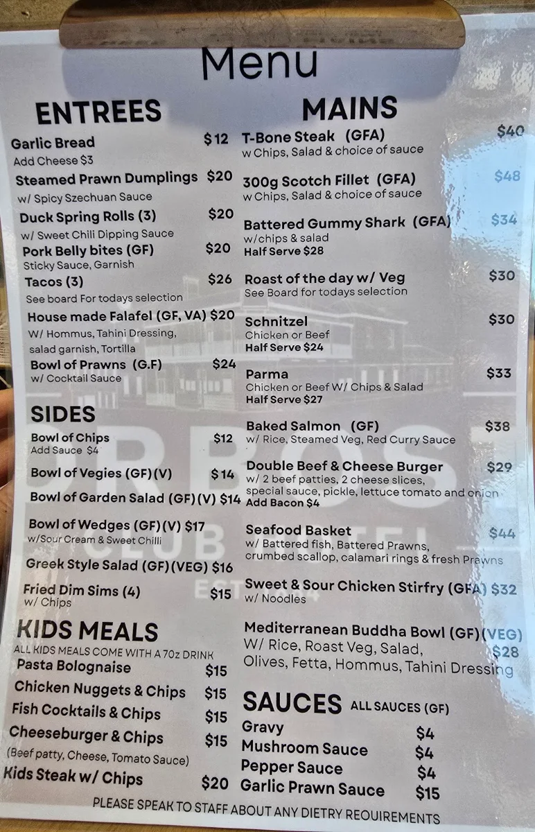 Menu, Orbost Club Hotel