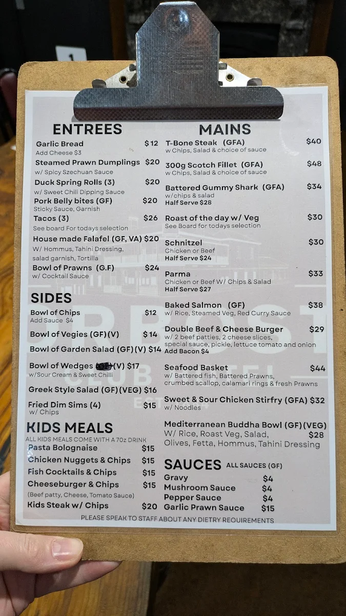 Menu, Orbost Club Hotel