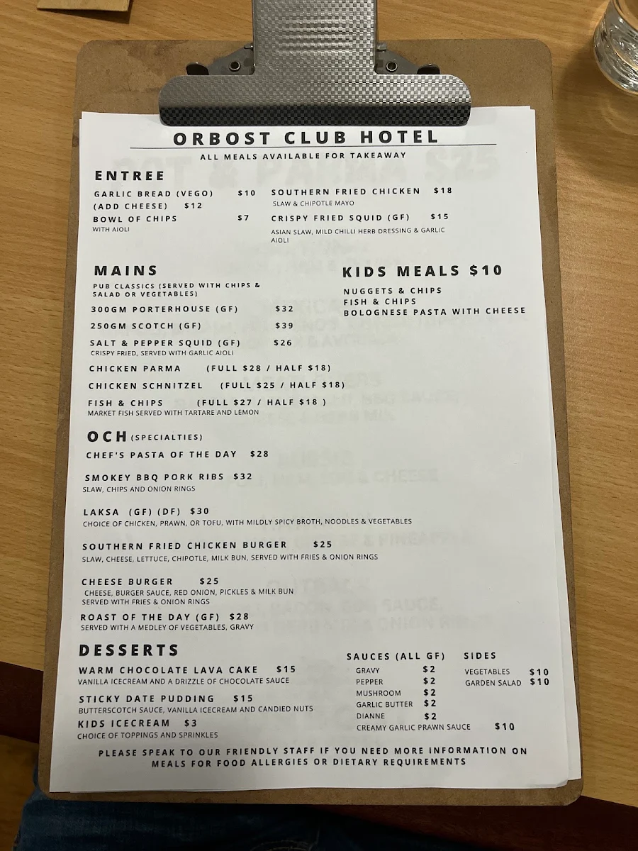 Menu, Orbost Club Hotel