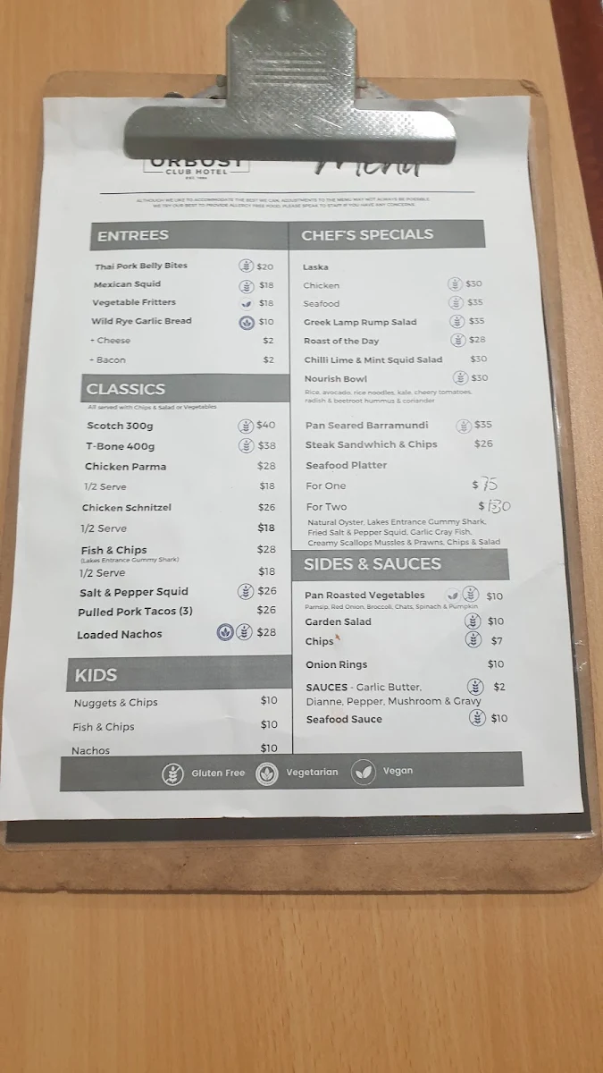 Menu, Orbost Club Hotel